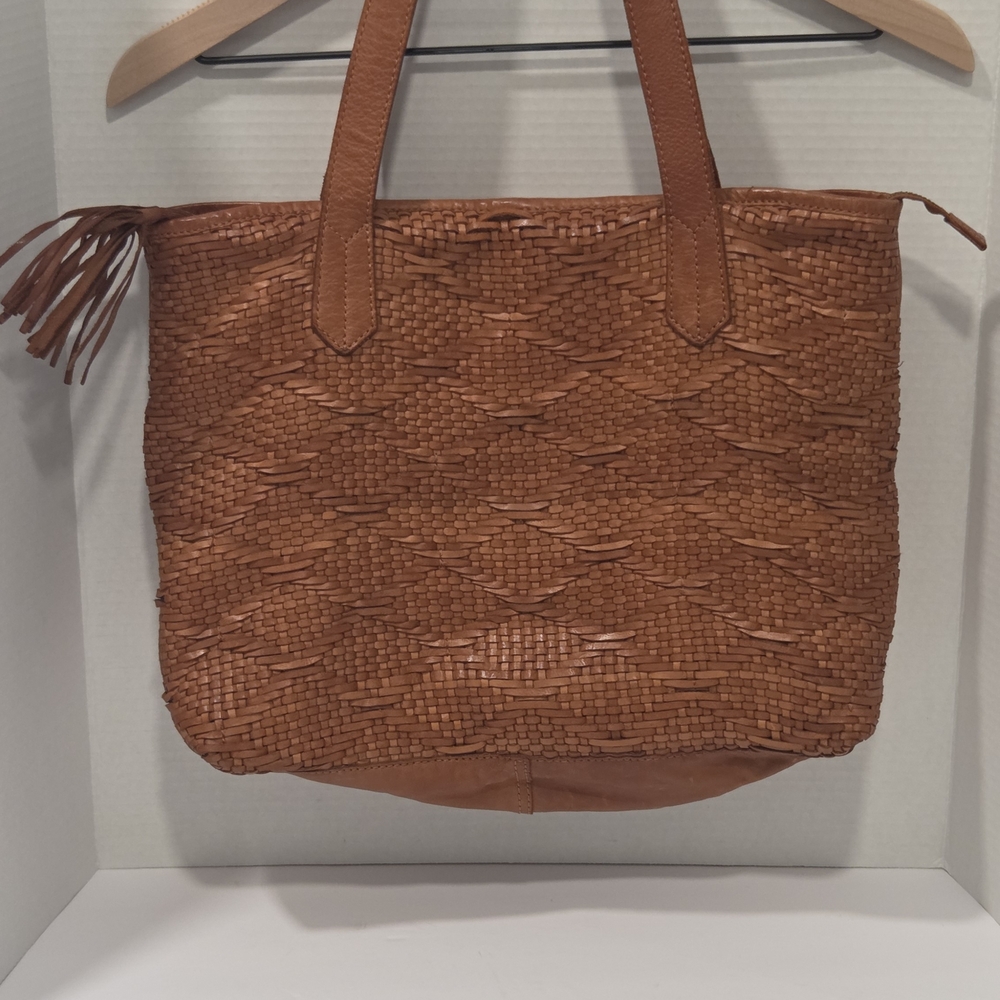 NWOT Tan Leather Woven Tote Bag